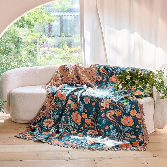 Boho Throw Blanket - 100% Cotton Ultra Soft Muslin Blanket, 50"x60" Lightweight Floral Bird Framhouse Bedding Spring Blanket for Bed, All Season Green Bohemian Bedroom Home Decor Quilt