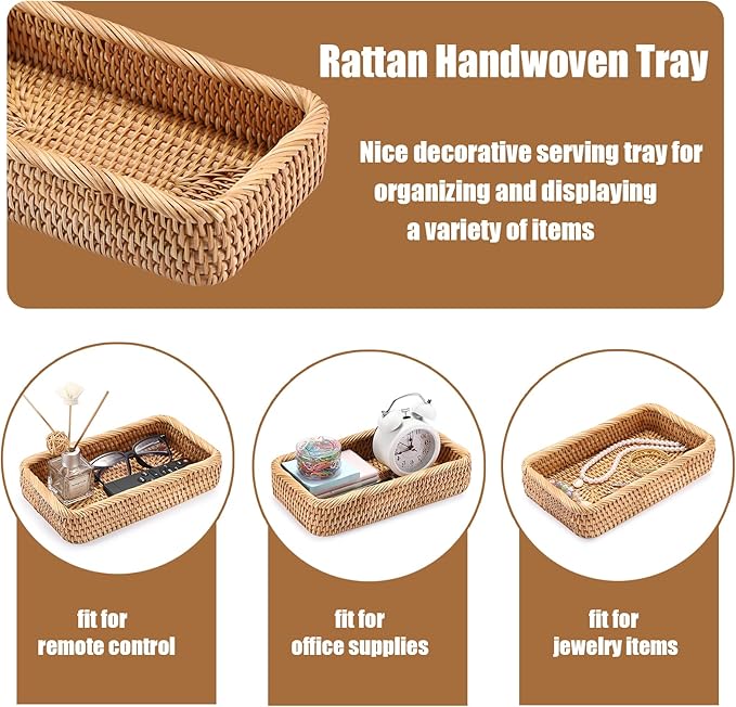 BTSKY Small Remote Basket for Coffee Table Entryway Living Room Rattan Serving Tray 10.1” x 6.1” Handwoven Wicker Baskets Decorative Tray for Wallet Remote Control Trinkets Rings Cosmetics Crackers