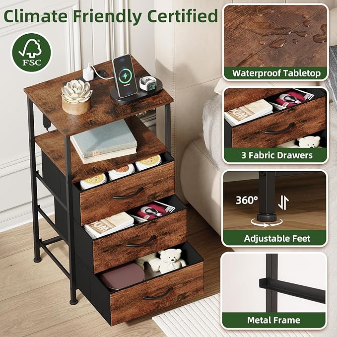 Somdot Nightstands Set of 2,Bedside Tables with Charging Station and LED Lights,Night stand with 3 Fabric Drawers, End Tables with Open Shelf for Bedroom Living Room Entryway Hallway, Wood Grain Print