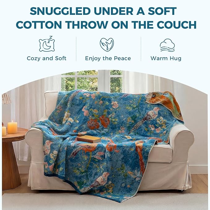 Boho Throw Blanket for Couch Sofa Chair Cotton Spring Blankets for Bedroom Living Room All Season Lightweight Reversible Floral Birds Embroidery Throws 50"x60"