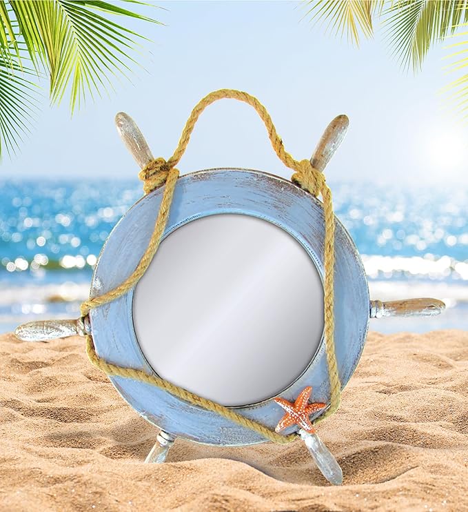 Puzzled COTA Global Pacific Mirror Boat Wheel Nautical Decor - Nautical Themed Wood Mirror, Beach Decor for Wall, Novelty Blue Boat Wheel Mirror with Rope and Starfish Wooden Figure