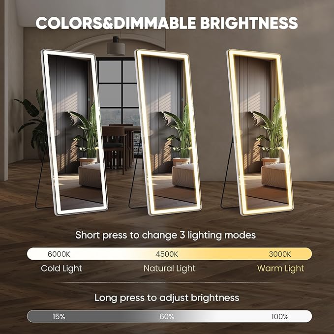 DUMOS LED Full Length Mirror, 26"×70" Floor Standing Mirror with 3 Color Lights & Wall Mounted for Bedroom, Dressing Room, Living Room, Bathroom