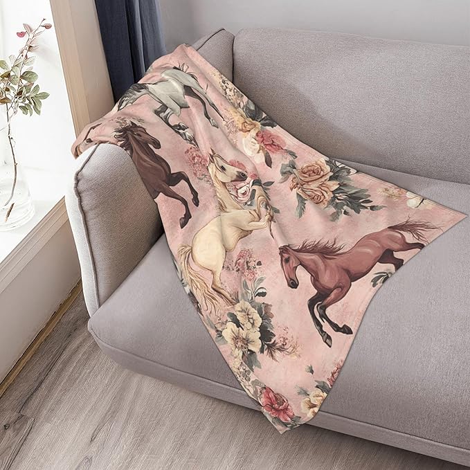 Horse Throw Blanket Soft Warm Cozy Horses Floral Blankets Fuzzy Plush Fleece Horse Blanket Gifts for Couch Bed Sofa Home Decor 40''X50''