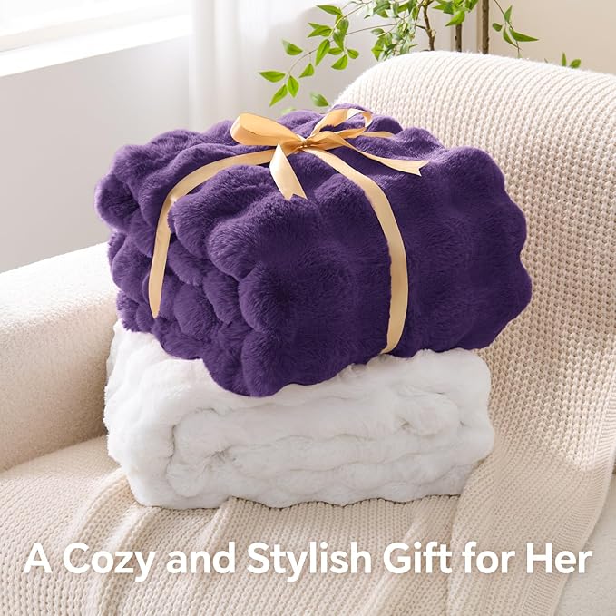 BEDELITE Faux Fur Throw Blanket, Soft Cozy Plush Purple Bubble Blanket for Couch Sofa Bedroom Living Room Decor - 870GSM Thick Warm Fuzzy Fluffy Faux Rabbit Fur Blanket for Women Gift, 50x60 Inches