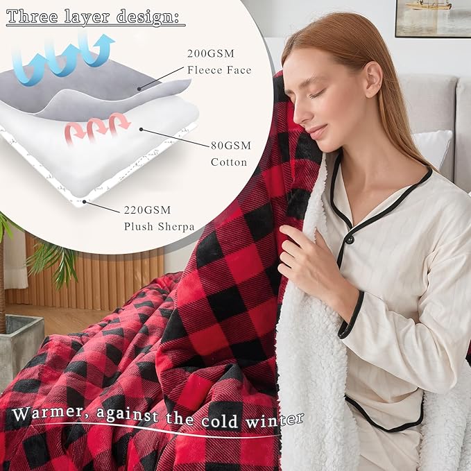 CHOSHOME Sherpa Fleece Blanket- Thick Warm Blanket for Winter, Soft Fuzzy Plush Blanket for Bed, Couch, Travel (Checker Red, Queen 90" x 90")