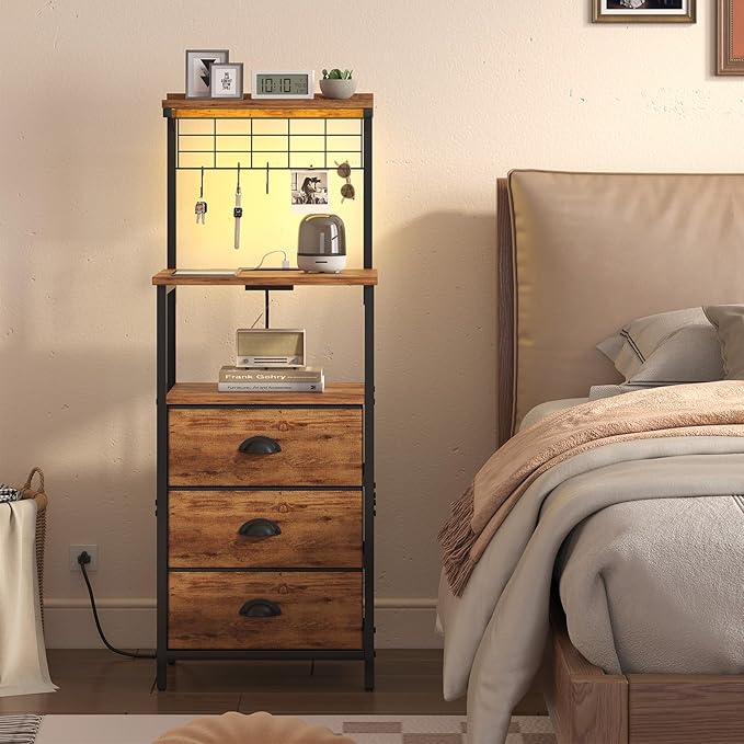 Tall Nightstands with Charging Station, LED Night Stand Bedsides with 3 Fabric Drawers,Hooks,USB Port and Open Storage Shelves,Tall End Table Bedside Tables for Bedroom,Office, Rustic Brown