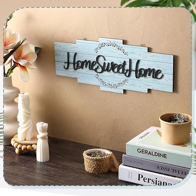 Jetec Home Sweet Home Sign, Rustic Wood Room Wall Decor, Farmhouse Plaque Wall Hanging Wooden Sign for Bedroom, Living Room, Wedding Decor(Blue)
