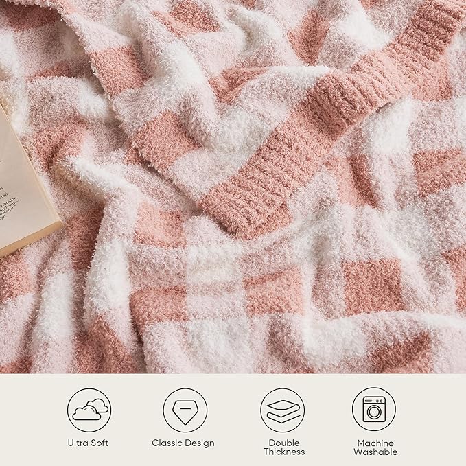 Snuggle Sac Checkered Throw Blanket for Couch, Super Soft, Cozy Warm Knit Decorative Blankets, Reversible Plaid Fluffy Throws for Sofa, Bed, Plaid Pink, 50x60 Inches