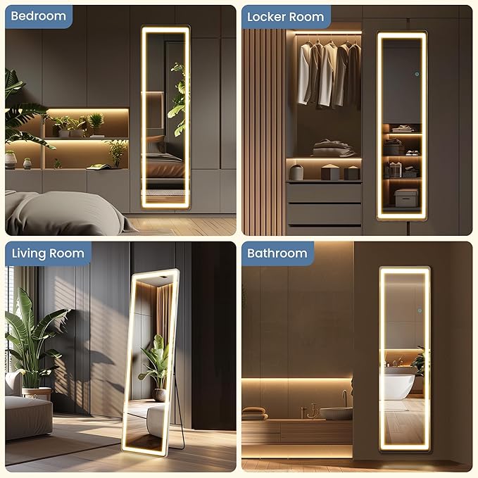 DUMOS 16"×59" Full Length Mirror with Light, LED Floor Full Body Mirror with 3 Color Lighting, Wall Mounted Stand Mirror for Bedroom, Dressing Room, Living Room, Bathroom