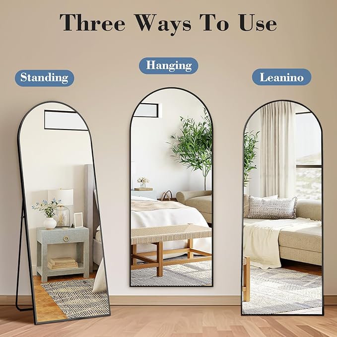 DUMOS Arched Full Length Mirror with Stand Floor Standing Aluminum Frame for Bedroom Body Hanging Leaning Modern Simple Home Decor Shatter-Proorf Nano Glass Wall Cloakroom Natural Black 59"x16"
