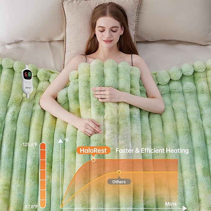 Heated Throw Blanket, Faux Fur Cozy Heating Blanket with Overheat Protection, 1/2/4/6/8 Hours Auto-Off 10 Heat Level, Machine Washable (72x84 I Inches, Tie-Dye Green)