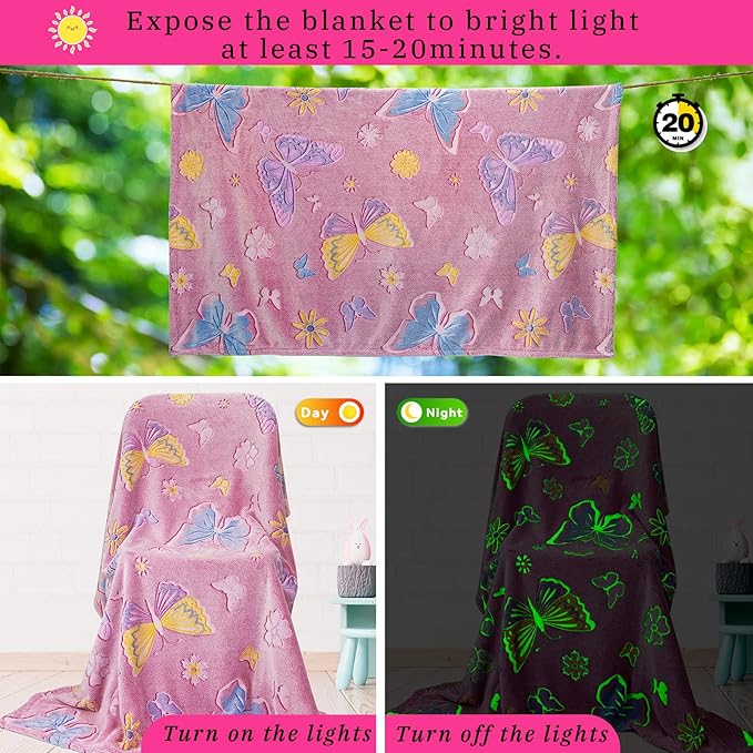 Butterfly Gifts for Women Girls, Glow in The Dark Butterfly Blanket Soft Fleece, Kids Easter Birthday Gifts for Girls, Cozy Throw Blanket for Bedroom Decor 50" x60
