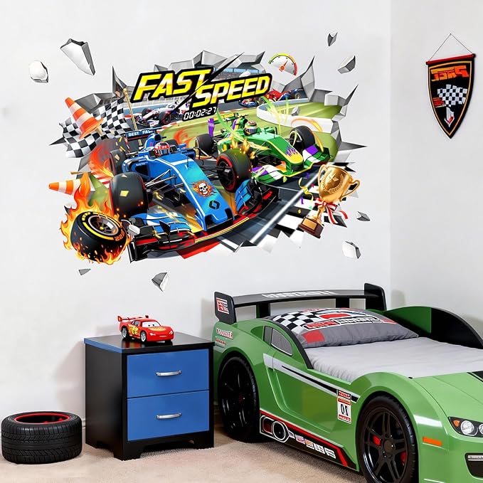 3D Racing Car Wall Decals - Speeding Race Car Break Through Wall Stickers for Boys Kids Toddles Teens Bedroom Nursery Playroom Classroom Decor