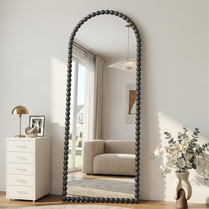 Antok 57" x 21" Arched Full Length Mirror, Antique Beaded Frame Floor Standing or Wall Mounted Mirror with Stand for Bedroom, Entryway, Black, Luxury Style