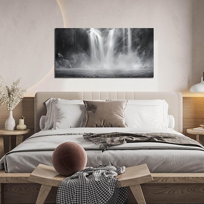 Waterfall Wall Pictures for Living Room - Black and White Landscape Wall Art for Office - Modern Abstract Canvas Wall Art for Bedroom Size 20" x 40"