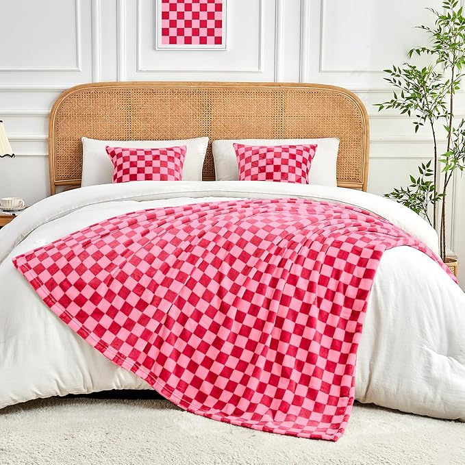 FY FIBER HOUSE Checkered Flannel Fleece Throw Blanket King Size Soft Cozy Checkerboard Grid Print Chessboard Pattern Blankets for Bed Couch Sofa, 90"x108", Hot Pink