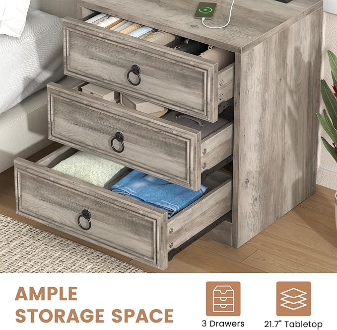 Farmhouse Nightstand with Charging Station, 21.7" Wide End Table with 3 Drawers, Grey Wood Side Table, Bedside Table for Bedroom, Living Room, Sofa