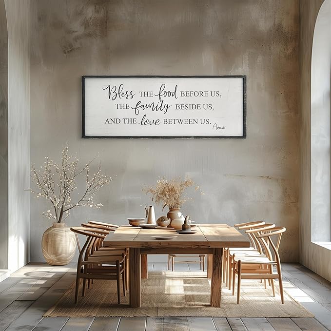 Bless The Food Before Us Home Decor Wall Sign For Family Kitchen Farmhouse Dining Room Vintage Rustic Retro Boho Wood House Wall Art Decoration For Living Room Bedroom 40 x 15 Inch black