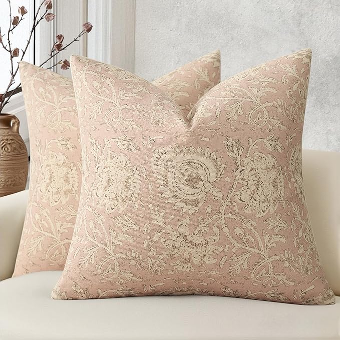 Vintage Floral Print Throw Pillow Covers 24x24 Set of 2 Neutral Modern Farmhouse Pillowcases Accent Decorative Cushion Covers Boho Home Decor for Couch Sofa Chair Bed Living Room, Champagne Pink