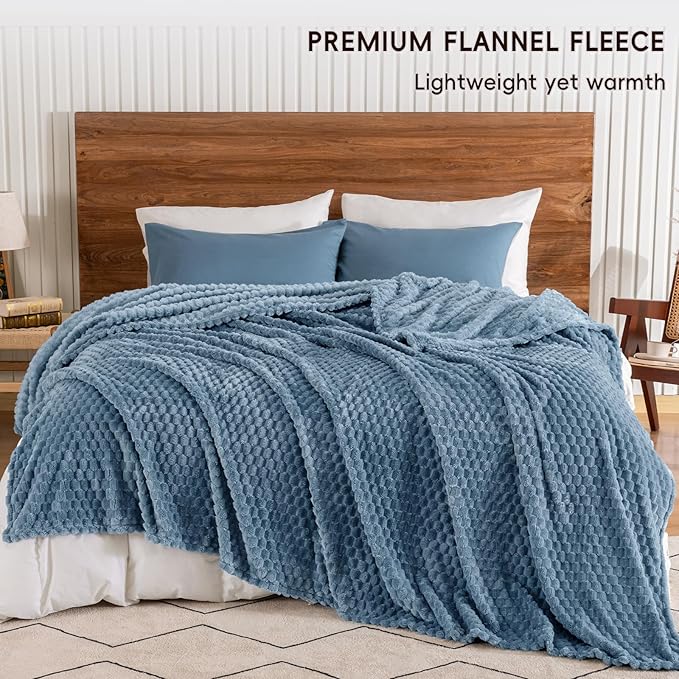 PHF Ultra Soft Flannel Fleece Blanket Queen Size, Lightweight 3D Jacquard Fleece Blanket, No Shedding, No Pilling, Luxury 340GSM Aesthetic Fluffy Cozy for Bed Room Decor, 90"x90", Denim Blue