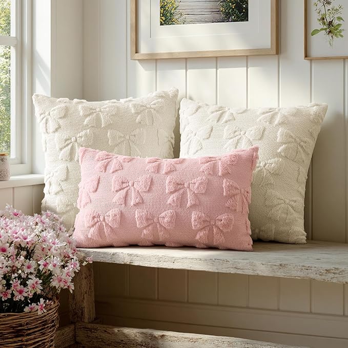 MIULEE Light Pink Bow Pillow Covers Coquette Room Decor Aesthetic Set of 2 Spring Decorative Cute Girl Soft Plush Faux Pillowcase for Preppy Room Decor Bedroom Couch,12x20 Inch