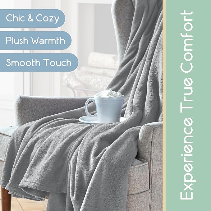Twin Size Microfleece Blanket | Fleece Bed Blanket | All-Season Comfort | Supersoft Lightweight | Plush Throw Blanket for Bed Couch or Sofa | Pet-Friendly | Light Grey