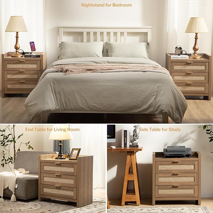 SICOTAS Rattan Night Stand Set of 2 - Tall Nightstands with Type-C Charging Station, 3 Rattan Storage Drawers, Larger Nightstand Boho Bedside Table End Table for Bedroom Sofa Couch Office - Oak