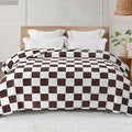 Exclusivo Mezcla Fleece Blanket Queen, Cozy Lightweight Fuzzy Checkered Blanket for Bed, Suitable for All Seasons, Coffee, 90" x 90"