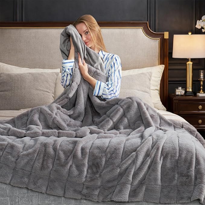 Cozy Bliss Deluxe Sheared Rabbit Faux Fur Throw Blanket, Soft Fuzzy High-Low Sculpted Plush Blanket for Couch, Cozy Home Accent, All Season Use, Grey 60"x80"