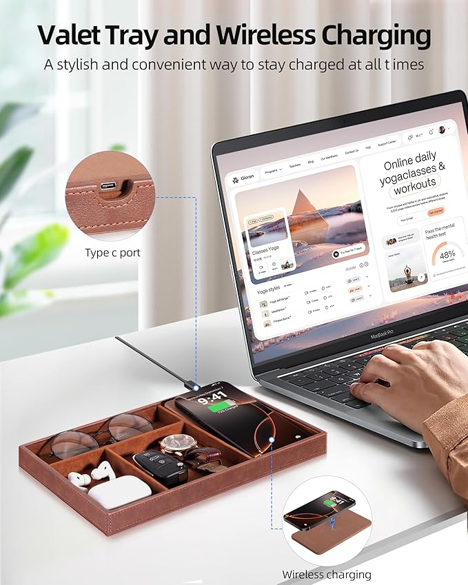Valet Tray with Wireless Charger, Nightstand Organizer for Men, EDC Catchall Tray for Keys, Watch, Wallet, Jewellery, Premium Vegan Leather, Bedside Caddy, Stylish and Organized, Brown