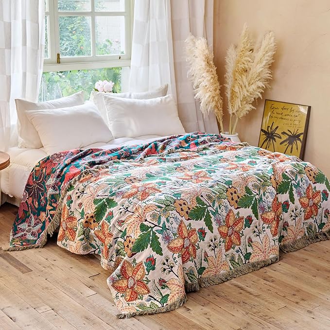 Boho Throw Blanket - 60"x80" 100% Cotton Soft Breathable Lightweight Bed Blanket, Reversible Muslin Spring Blankets Green Floral Farmhouse Decor Rustic Quilt for Bed Couch