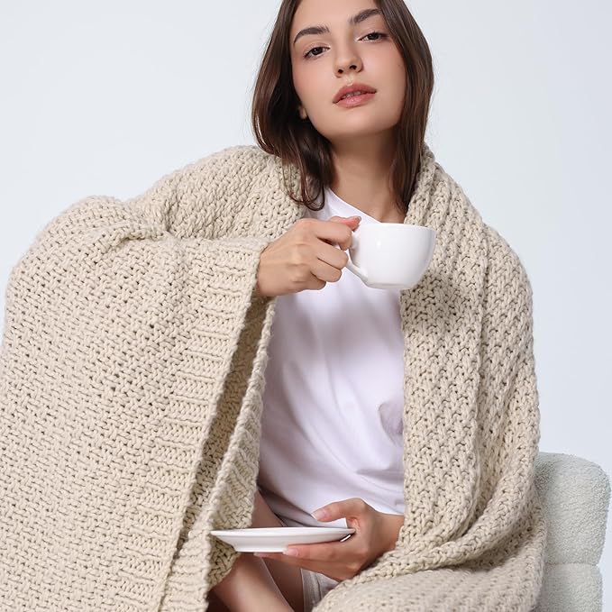 WDCOZY Chunky Cable Knit Throw Blanket Super Soft Warm Knitted Throw Blanket for Couch, Sofa, Chair, Bed Lightweight Breathable Cozy Comfortable Home Decorative Camel Tan Beige 50x60 Inches