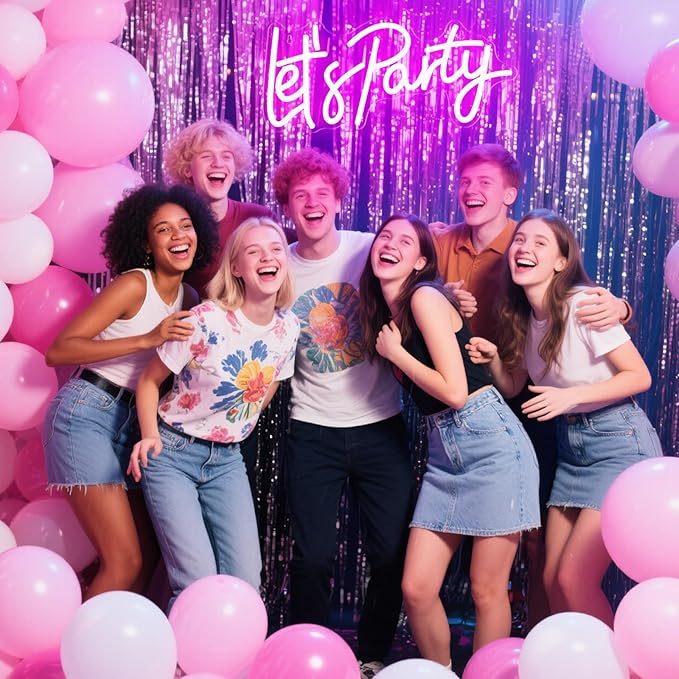 Let's Party Neon Sign, LED Dimmable Let's Party Light Up Sign Neon Light Signs for Wall Decor Art Decorative Lights for Birthday, Wedding, Bachelorette, Engagement Party Decorations 15.91x7.09 Pink