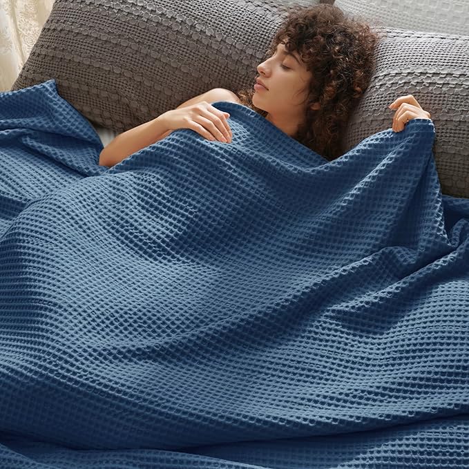 PHF Ultra Soft Waffle Weave Blanket Twin Size 66"x 90"- Washed Lightweight Breathablee Cozy Woven Blanket - Great for Couch Bed Sofa Home Car - Navy Blue