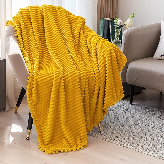 DISSA Fleece Blanket Queen Size – 71x80, Yellow - Soft, Plush, Fluffy, Fuzzy, Warm, Cozy – Perfect Throw for Couch, Bed, Sofa - with Pompom Fringe - Flannel Blanket