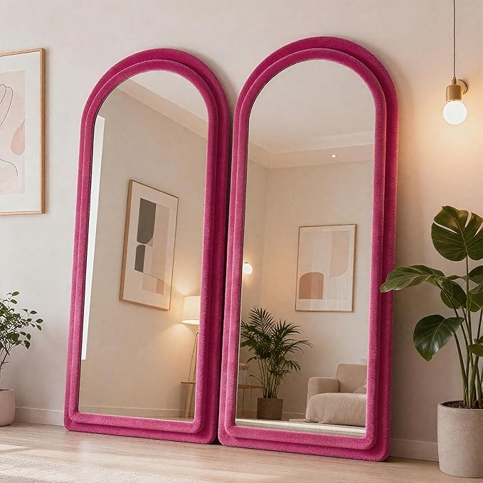 Full Length Mirror, Floor Mirror with Stand, 63"x24" Freestanding Arched Mirror Full Length Hanging or Leaning, Wall Mounted Mirrors with Flannel Frame, Large Mirrors for Bedroom (Rose Red)