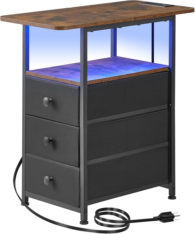 Narrow End Table with Charging Station, Narrow Side Table with 3 Fabric Drawers, Slim Nightstand with LED Light, Small Table with Storage, Living Room, Bedroom, Rustic Brown HKET1303BR
