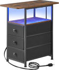 Narrow End Table with Charging Station, Narrow Side Table with 3 Fabric Drawers, Slim Nightstand with LED Light, Small Table with Storage, Living Room, Bedroom, Rustic Brown HKET1303BR