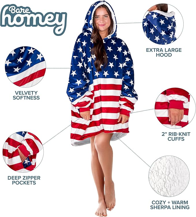 Bare Home Wearable Blanket Hoodie - Soft Plush Sherpa - Warm and Cozy - Oversized Wearable Blanket - Adult & Kid Sizes