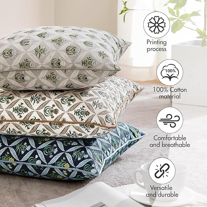 MIULEE Floral Throw Pillow Covers 20x20 Set of 2 Dark Blue Spring Decorative Block Print Cotton Cushion Covers for Couch Living Room, Boho Modern Outdoor Sofa Vintage Garden Pillowcases Home Decor