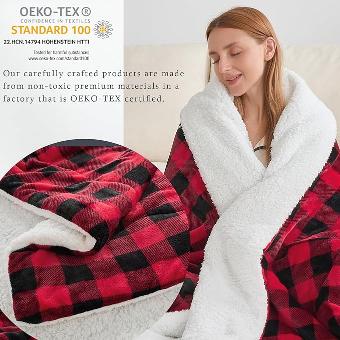 CHOSHOME Sherpa Fleece Blanket- Thick Warm Blanket for Winter, Soft Fuzzy Plush Blanket for Bed, Couch, Travel (Checker Red, Queen 90" x 90")