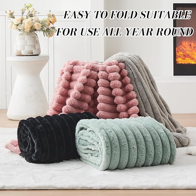 Lotus Karen Faux Fur Twin Blanket for Couch, Cozy Soft Fluffy Fuzzy Black Blanket, Striped Warm Thick Furry Plush Shaggy Small Blankets for Women, 60x80