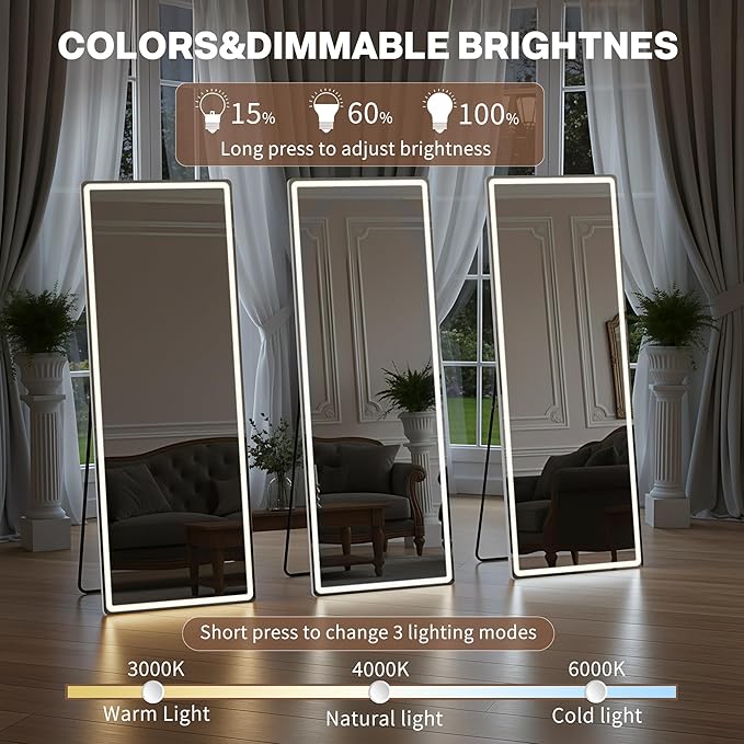 64"x21" Full Length Mirror with LED Lights, Mirrors with Dimming & 3 Color, Full Body Mirrors with Aluminum Alloy Thin Frame for Bedroom, Dressing Room