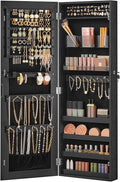 SONGMICS Mirror Jewelry Cabinet Armoire, Wall or Door Mounted Jewelry Storage, Hanging Lockable Frameless with 2 Plastic Cosmetic Organizers, Gift Idea, Black UJJC001B01