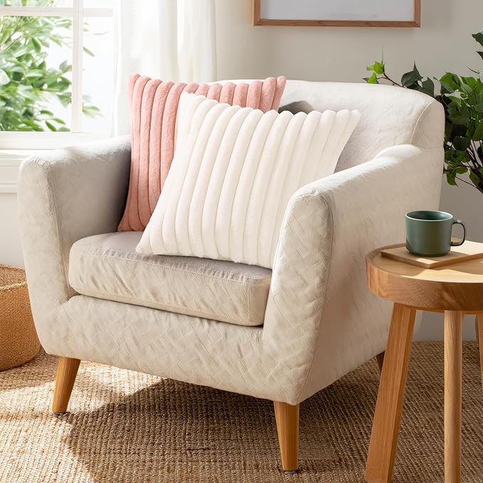 Pallene Faux Fur Plush Throw Pillow Covers 26x26 Set of 2, Luxury Soft Fluffy Striped Decorative Pillow Covers for Sofa, Couch, Living Room, Pink