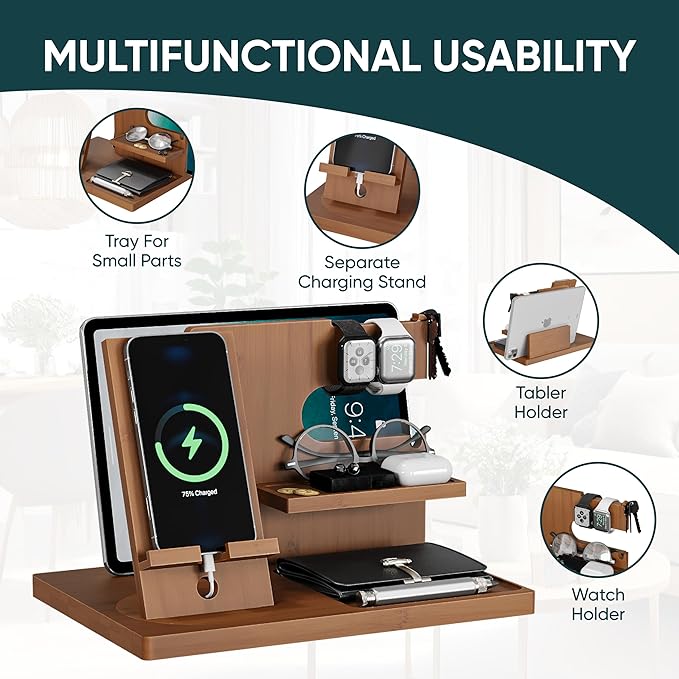 Valentine's Day Gifts for Men Wood Phone Docking Station with Separate Phone Stand, Bedside Desk Organiser with Phone and Key Holder Anniversary Birthday Presents for Dad Husband Boyfriend Son Brown