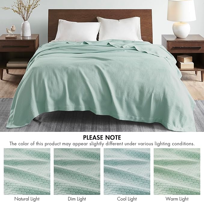 Madison Park 100% Egyptian Cotton Lightweight Summer Blanket, Breathable Waffle Knit Design, Soft Cozy All-Season Throw for Bed, Couch or Sofa, Seafoam Twin Size (66"x90")