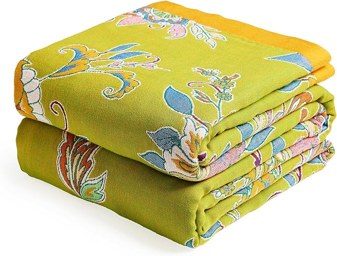 Boho Throw Blanket, 100% Organic Cotton Breathable Ultra Soft Bed Quilt Throw - All Season Luxury Floral Farmhouse Decor Blanket for Sofa Couch Chair and Gift. 91" x 98"-Green/Blue