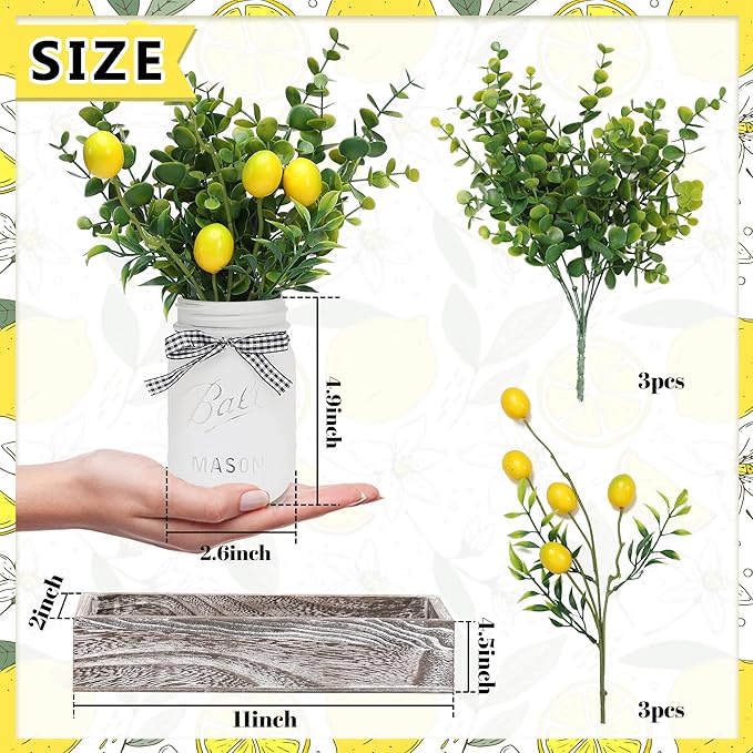 Lemon Mason Jars Centerpiece for Table, Wood Tray with 3 Painted Jars, Dining Coffee Table Centerpiece For Kitchen, Living Room, Spring & Summer Home Decor with Lemon