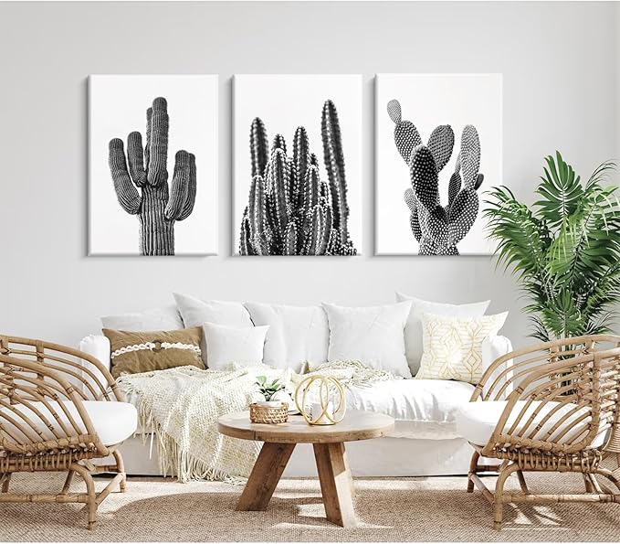 Black And White Cactus Canvas Wall Art Saguaro Cactus Pictures Wall Decor Black And White Artwork Painting Mexican Succulent Poster Prints for Living Room Bedroom Decor 12x16x3 Inch Ready to Hang
